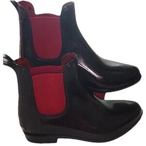 Lauren Ralph Lauren Tally Rubber Boots SZ 7 Black Red Chelsea Rain Booties Women